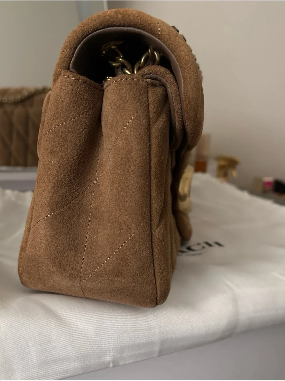 Pillow Tabby 26… Coach Quilted Suede Shoulder Bag in Camel with Gold Hardware
